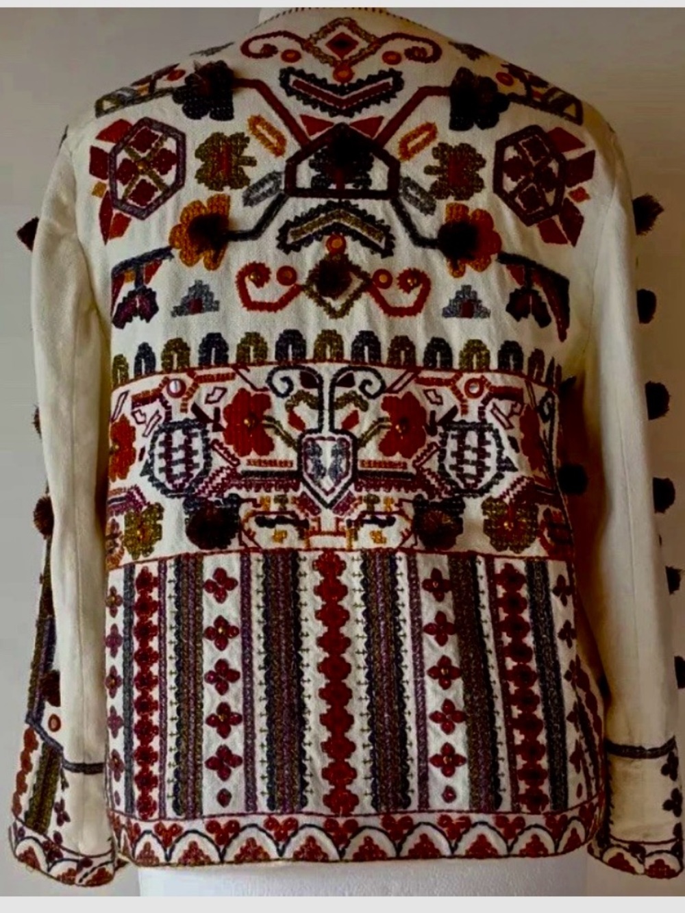 Zara  Embroidered Ecru Jacket/Blazer with Brown Pom-Poms - Picture 5 of 8